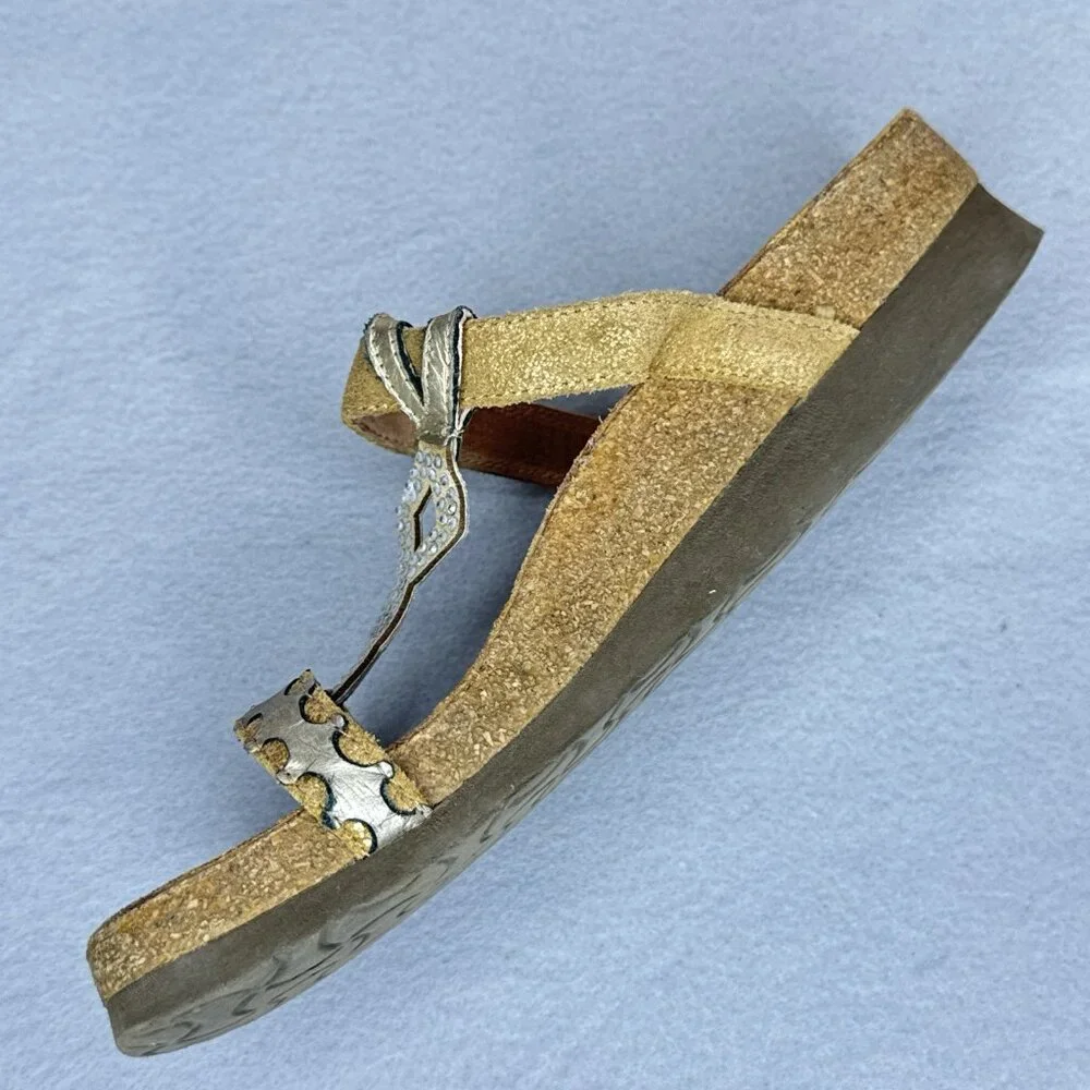 NAOT Aspen Leather Sandals Wedge Cork Gold Metallic Rhinestones EU 38 US 7 - 7.5 - Picture 11 of 16